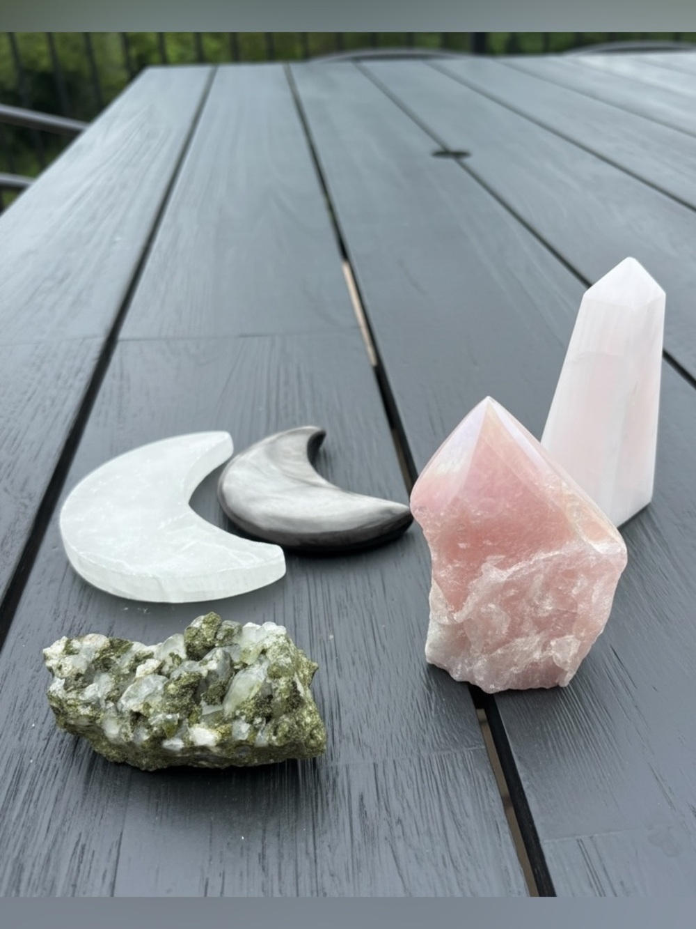 5 Crystal Stones Epidote Quartz Obsidian Moon Selenite Calcite Points Aura Rose